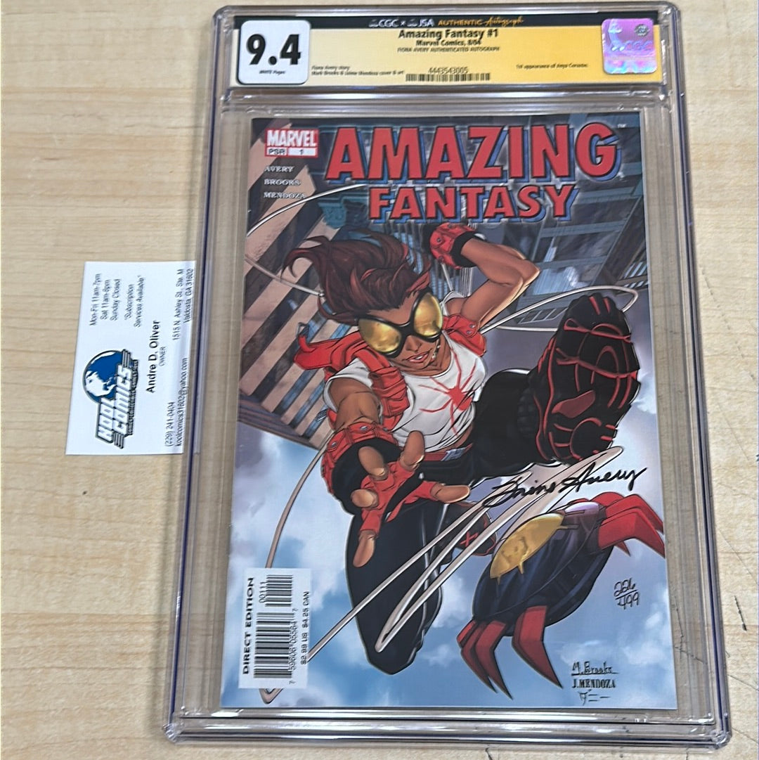 CGC 9.4 - Amazing Fantasy #1 (8/04); 1st app of Anya Corazon. Fiona Avery authenticated autograph. CGC + JSA Authenticated Signature.