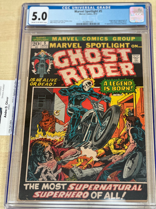 CGC (5.0) - Marvel Spotlight #5 (8/72); Origin and 1st appearance of Ghost Rider (Johnny Blaze). 1st appearance of Roxanne Simpson.